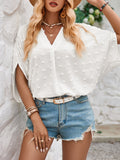 Momentlover Solid Color Jacquard Loose Half Sleeves V-Neck T-Shirts Tops