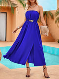 Momentlover Split-Front Pleated Elasticity Chains Sleeveless A-Line Tube Midi Dresses