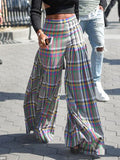 momentlover Stylish Selection Wide Leg Loose Pleated Checkered Casual Pants Bottoms