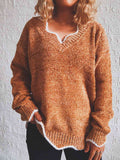 Momentlover Notched Dropped Shoulder Long Sleeve Sweater