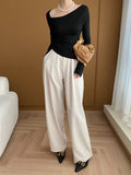 Momentlover Solid Color Skinny Long Sleeves Asymmetric Collar T-Shirts Tops