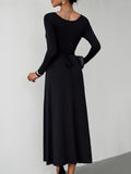 Momentlover Tied Waist Solid Color Skinny Long Sleeves U-Neck Midi Dresses