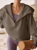 Momentlover Zipper Solid Color Loose Long Sleeves V-Neck Sweatshirt Tops