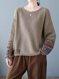 Momentlover Split-Joint Printed Loose Long Sleeves Round-Neck Sweater Tops Pullovers