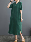 Momentlover Split-Side Solid Color Pockets Chinese Frog Buttons Short Sleeves Loose V-Neck Midi Dresses