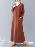 Momentlover Split-Side Solid Color Pockets Loose Long Sleeves V-Neck Maxi Dresses