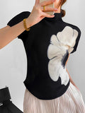 Momentlover Short Sleeves Skinny Flower Print High Neck T-Shirts Tops