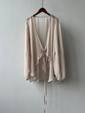 Momentlover Bishop Sleeve Long Sleeves See-Through Split-Joint Tied Collarless Blouses&Shirts Tops
