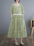 Momentlover Split-Joint Printed Pleated Hollow Short Sleeves Loose Round-Neck Midi Dresses