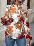Momentlover Pleated Flower Print Elasticity Puff Sleeves Loose Mock Neck Blouses&Shirts Tops