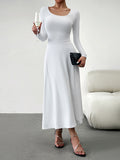 Momentlover Tied Waist Solid Color Skinny Long Sleeves U-Neck Midi Dresses