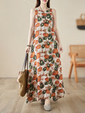Momentlover Printed Sleeveless Loose Round-Neck Midi Dresses