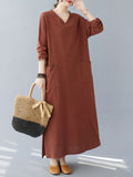 Momentlover Split-Side Solid Color Pockets Loose Long Sleeves V-Neck Maxi Dresses