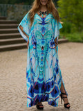 Momentlover Split-side Butterfly Print Short Sleeves Loose V-neck Maxi Dresses Beach Cover-Up