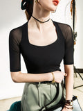 Momentlover Simple Solid Color Square-Neck Half Sleeves Shirt