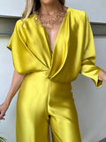 Momentlover Asymmetric Solid Color Deep V-Neck Jumpsuits