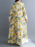 Momentlover Split-Joint Flower Print Loose Long Sleeves Round-Neck Midi Dresses