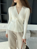 Momentlover Solid Color Knot Loose Long Sleeves V-Neck Sweater Tops Pullovers