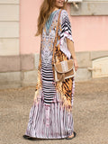 Momentlover Tiger Skin Pattern Split-side Printed Short Sleeves Loose V-neck Maxi Dresses Beach Cover-Up