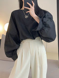 Momentlover Solid Color Elasticity Loose Batwing Sleeves Round-Neck Blouses&Shirts Tops