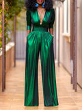Momentlover High Waisted Three-Quarter Sleeves Shiny Solid Color Deep V-Neck Jumpsuits Bottoms