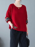 Momentlover Split-Joint Printed Loose Long Sleeves Round-Neck Sweater Tops Pullovers
