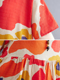 Momentlover Artistic Retro Short Sleeves Loose Contrast Color Printed Round-Neck Midi Dresses