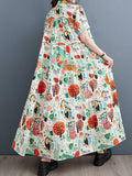 Momentlover Split-Joint Printed Buttoned Short Sleeves Loose Stand Collar Midi Dresses