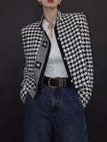 momentlover Stylish Long Sleeves Loose Houndstooth Stand Collar Jackets
