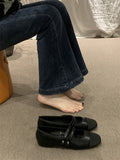Momentlover Contrast Color Round Cut Split-Joint Square-Toe Low Heels Flat Shoes Flats