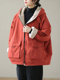 Momentlover Artistic Retro Long Sleeves Loose Keep Warm Fleece Lining Zipper Hooded Outerwear
