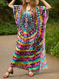 Momentlover Split-Side Printed Short Sleeves Loose V-Neck Maxi Dresses Beach Cover-Up