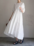 Momentlover Half Sleeves Puff Sleeves Breathable See-Through Solid Color Round-Neck Midi Dresses