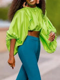 Momentlover Solid Color Puff Sleeves Loose Mock Neck Blouses&Shirts Tops