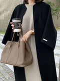 Momentlover Solid Color Loose Long Sleeves Collarless Woolen Coat