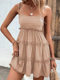 Momentlover A-Line High Waisted Backless Jacquard Solid Color Split-Joint Tied U-Neck Mini Dresses Slip Dress