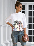 momentlover Casual High-Low Loose Printed Stand Collar Blouses&Shirts Tops