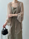 Momentlover Bishop Sleeve Long Sleeves See-Through Split-Joint Tied Collarless Blouses&Shirts Tops