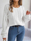 Momentlover Cable-Knit Round Neck Drop Shoulder Sweater