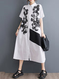 Momentlover Flower Print Buttoned Asymmetric Short Sleeves Loose Lapel Shirt Dress Midi Dresses