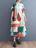 Momentlover Casual Short Sleeves Loose Contrast Color Round-Neck Midi Dresses