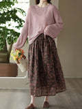 Momentlover Solid Color See-Through Loose Long Sleeves Round-Neck Sweater Tops