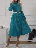 Momentlover Solid Color Pleated No Belt Hollow Elasticity Buttoned Puff Sleeves Loose High Neck Midi Dresses