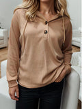 Momentlover Waffle-Knit Drawstring Quarter Button Hoodie