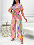 Momentlover Striped Lapel Loose Short Sleeves Buttoned Shirts Top + Elasticity Pants Bottom Two Pieces Set