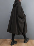 Momentlover Solid Color Pockets Buttoned Loose Long Sleeves Hooded Woolen Coat