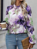 Momentlover Pleated Flower Print Elasticity Puff Sleeves Loose Mock Neck Blouses&Shirts Tops