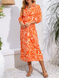 Momentlover Tied Waist Printed Elasticity Nine-Minute Sleeve High Waisted V-Neck Shirt Dress Midi Dresses