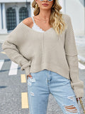 Batwing Sleeves Loose Fringed Solid Color Split-Joint V-Neck Sweater