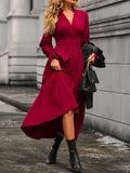 Momentlover Solid Color Pleated Elasticity Loose Long Sleeves V-Neck Midi Dresses